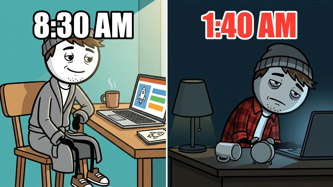 Split picture of Milo. On the left, at 8:30 AM, he is relaxed in his robe at the laptop. On the right, at 1:40 AM, he is exhausted at the desk.