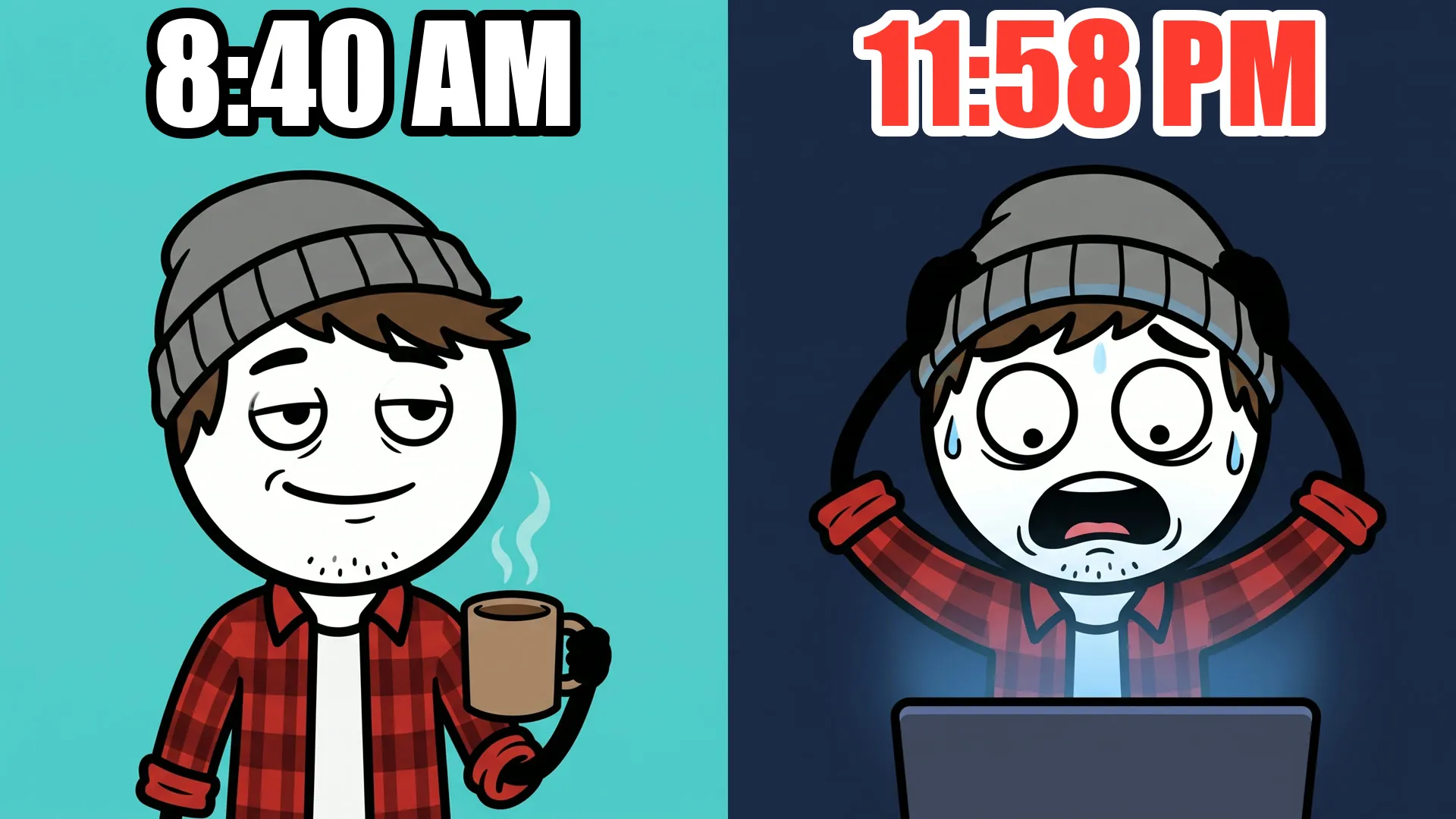 Split picture of Milo. On the left, at 8:40 AM, he is relaxed with a coffee. On the right, at 11:58 PM, he is panicking at his laptop.
