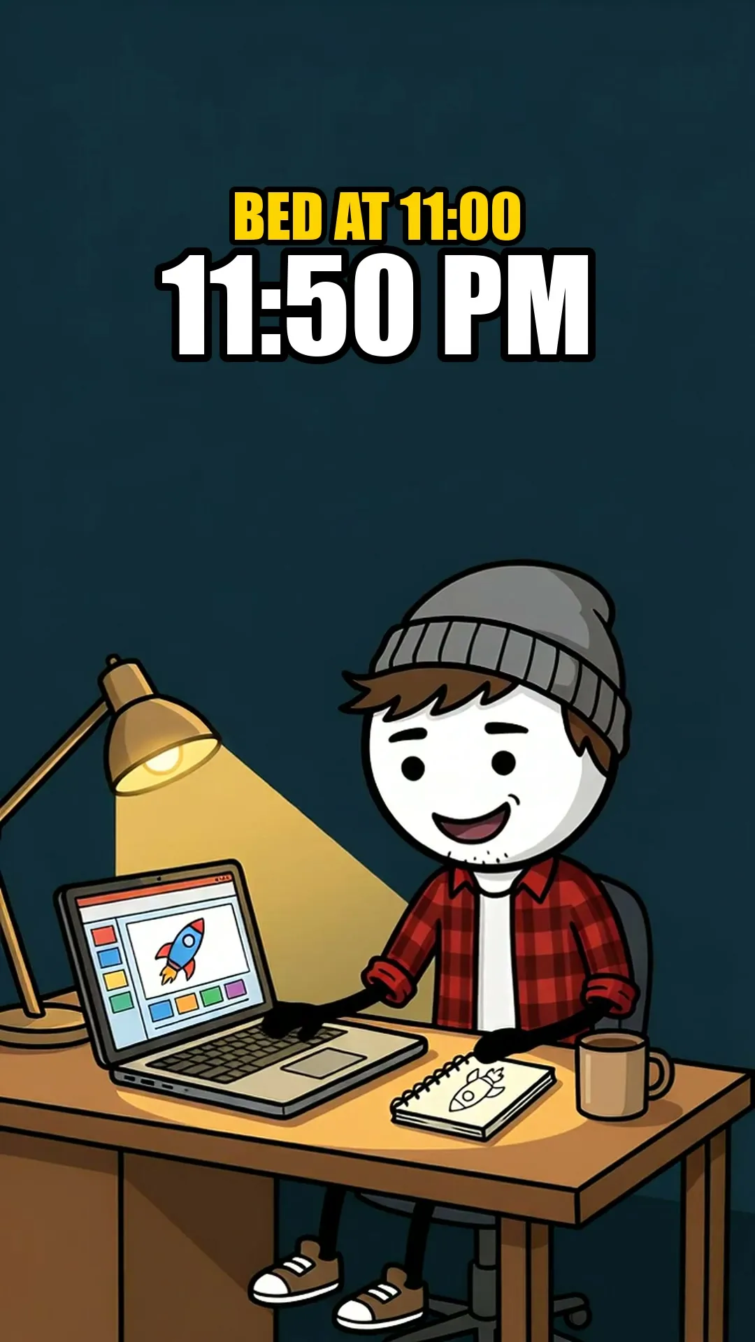 Milo at his desk at night under a warm lamp, working on a slide with a rocket on it. Bed at 11:00, and it is 11:50 PM.