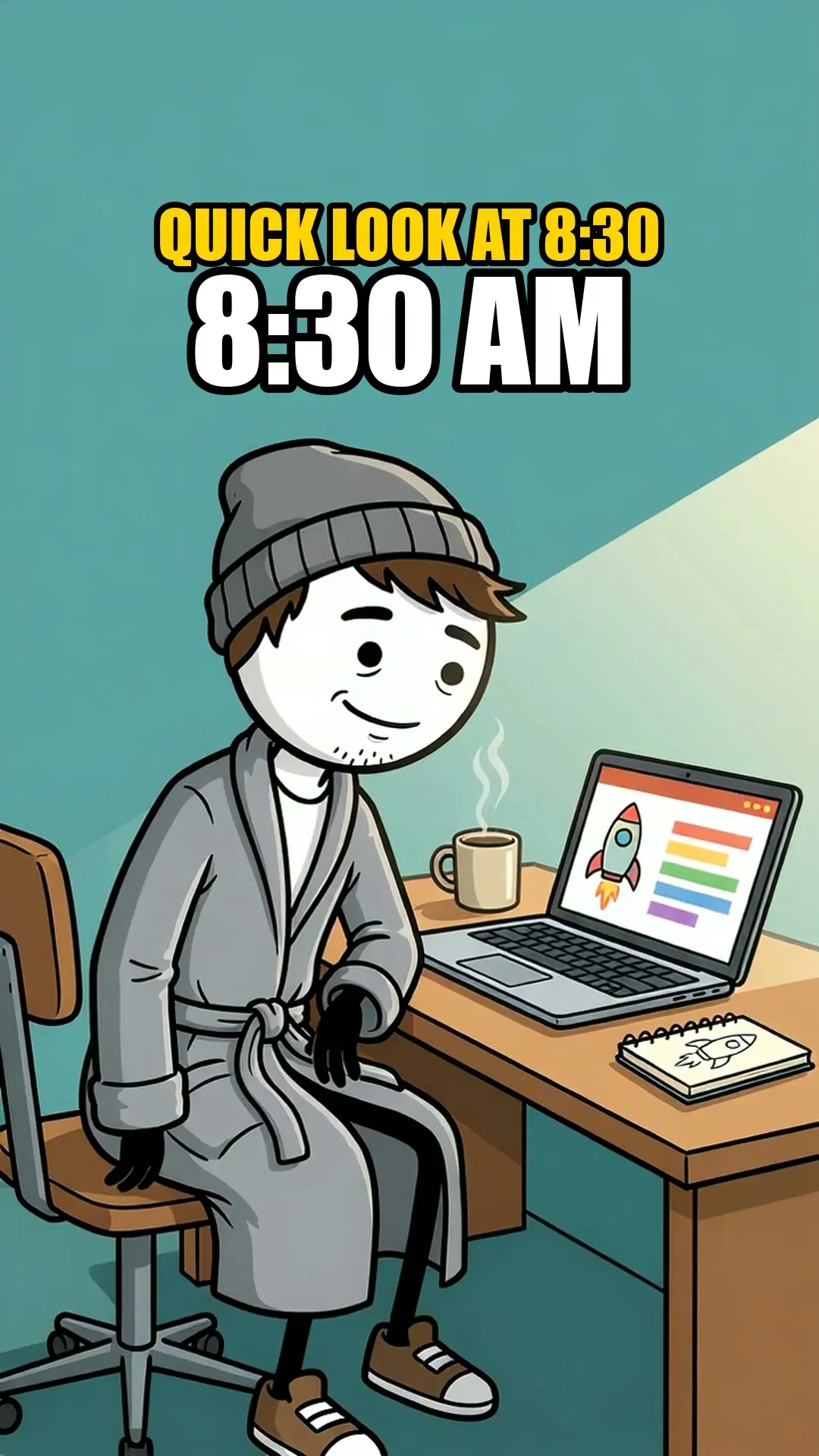 Milo in a grey bathrobe at his desk, smiling at his startup plan on the laptop. Quick look at 8:30, and the clock says 8:30 AM.