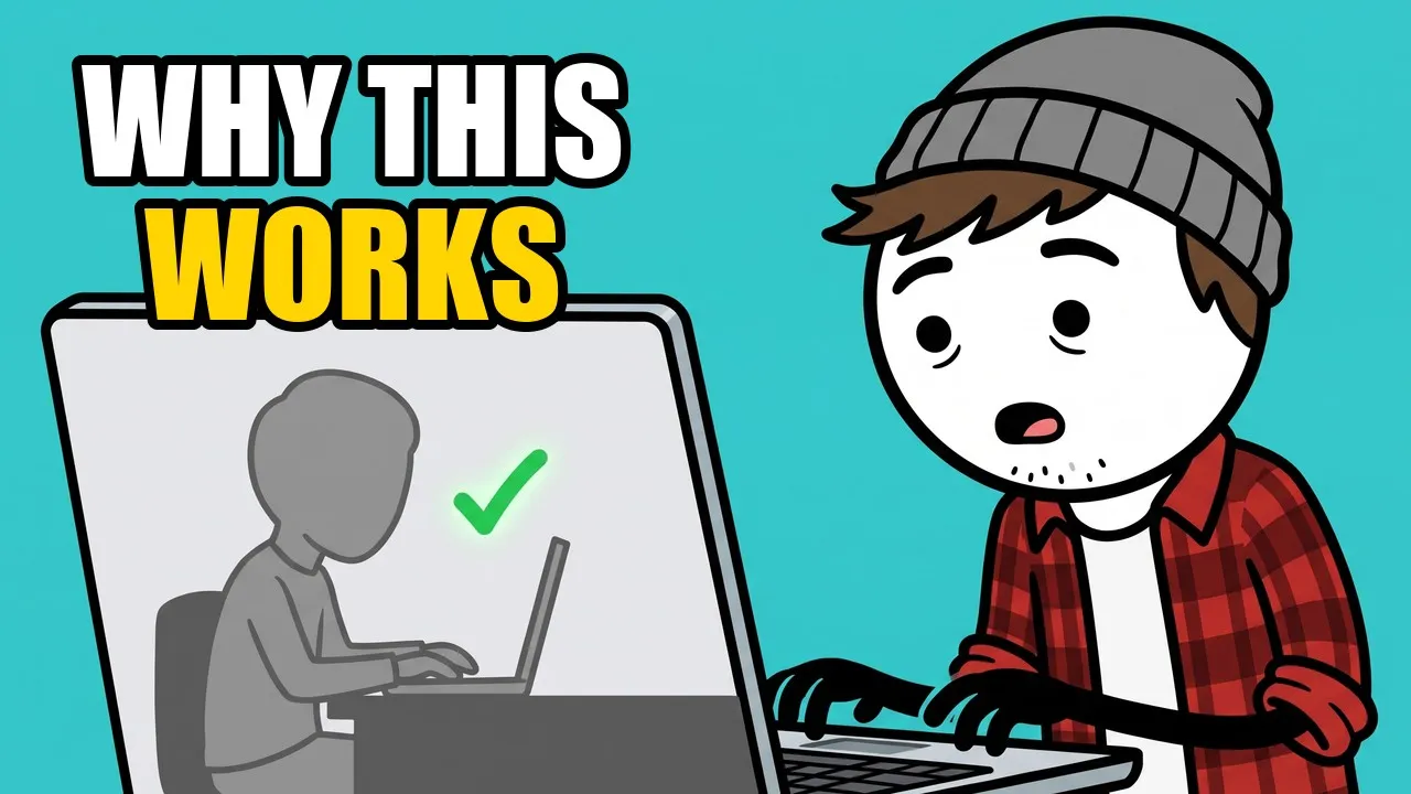 Milo typing at a laptop that shows a video call with a silhouette also working, under the words Why This Works.