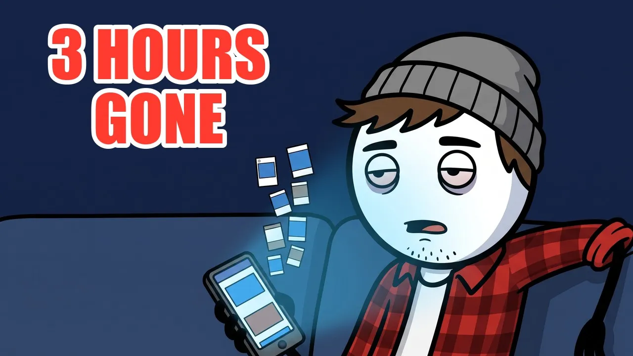 Milo slumped on a couch at night, tired eyes lit by his phone, beside the words 3 Hours Gone.