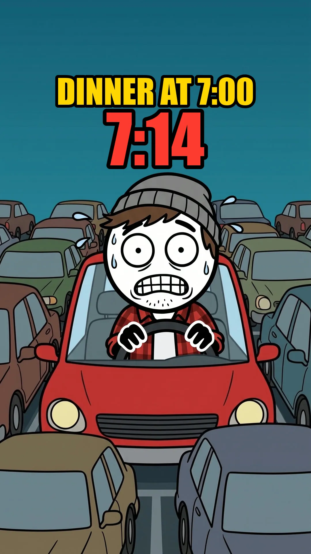 Milo gripping the steering wheel in a traffic jam. The clock says 7:14 and dinner was at 7:00.