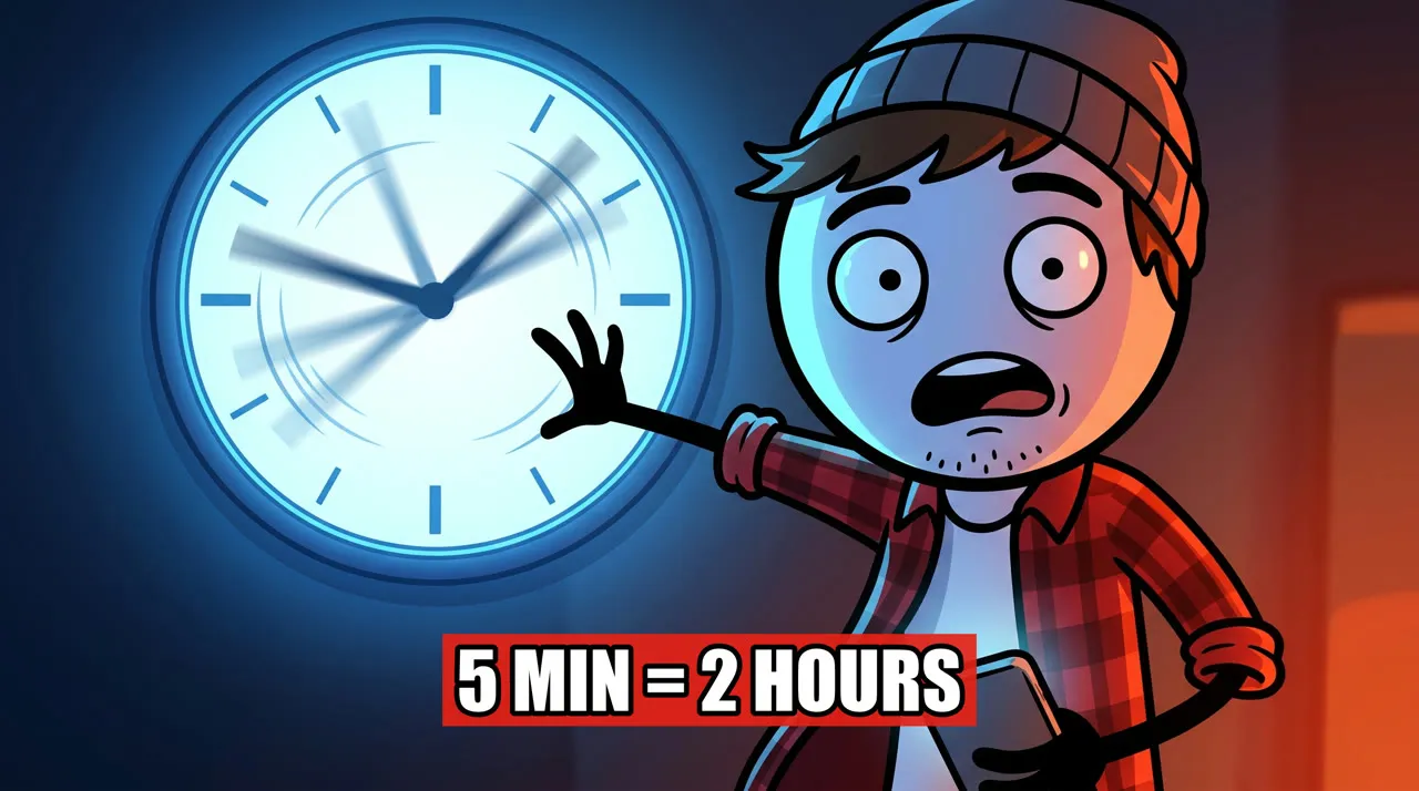 Milo reaching in alarm toward a wall clock with spinning hands. The caption reads 5 min = 2 hours.