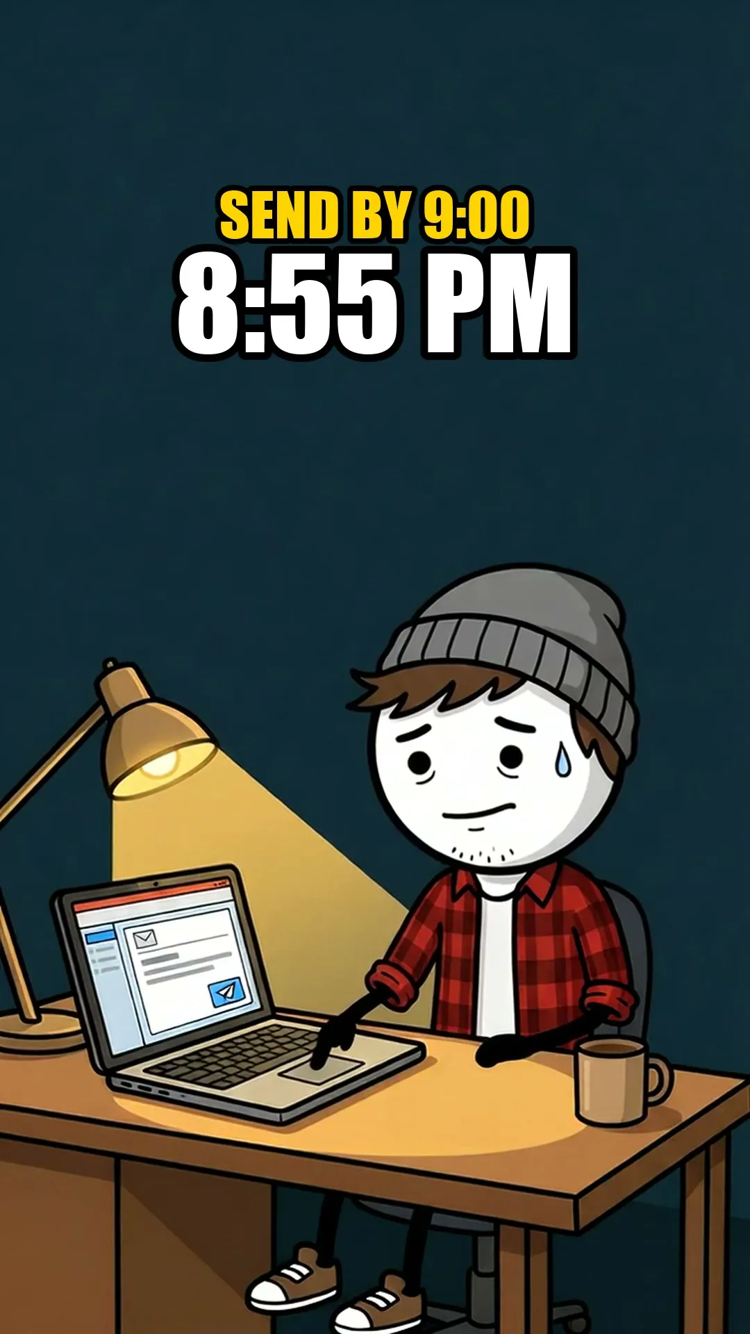Milo at his desk at night, his cursor hovering over the Send button of an email with his pitch deck attached. Send by 9:00, and it is 8:55 PM.
