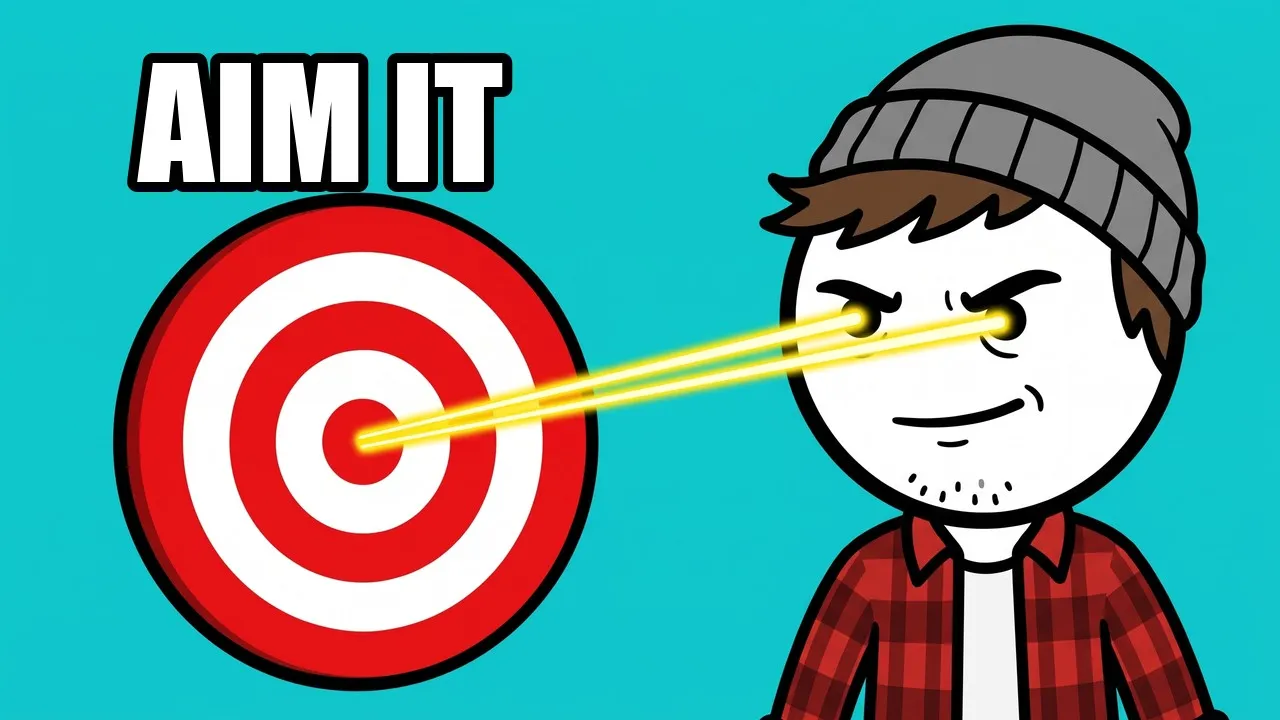 Milo with a confident grin, laser beams from his eyes hitting the centre of a red bullseye, under the words Aim It.
