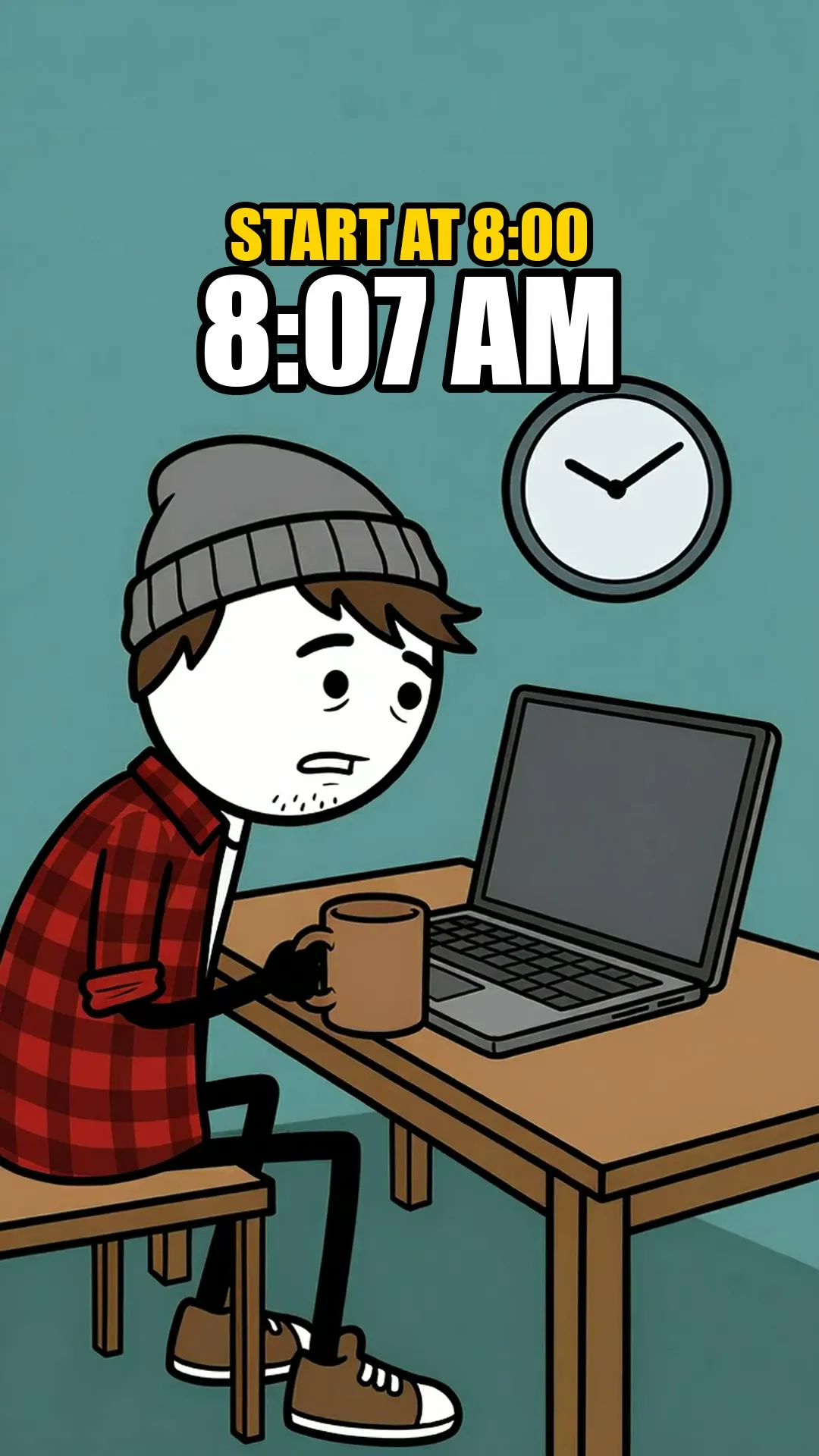 Milo at his desk glancing at a wall clock that reads 8:07, with his pitch deck open on the laptop. Start at 8:00, and it is 8:07 AM.