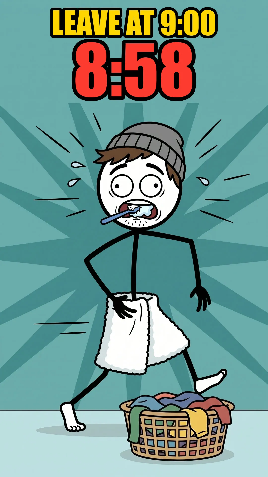 Milo in a towel with a toothbrush in his mouth, rushing past a laundry basket. He leaves at 9:00 and the clock says 8:58.