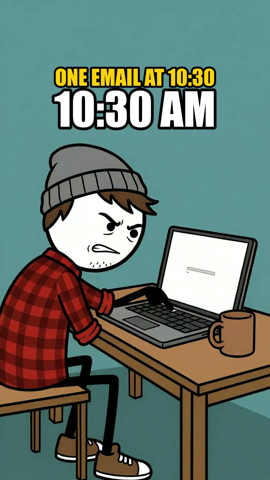 Milo frowning at an almost empty email on his laptop that only says Hi Dana. One email at 10:30, and it is 10:30 AM.