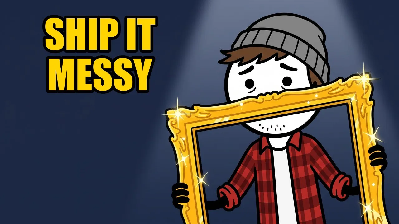 Milo looking worried as he holds up an ornate gold picture frame in front of himself, beside the words Ship It Messy.