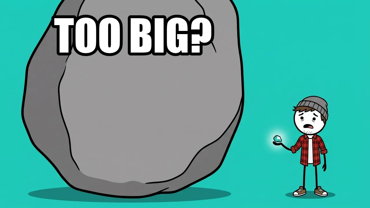 A huge grey boulder next to a small Milo holding one glowing pebble, under the words Too Big?