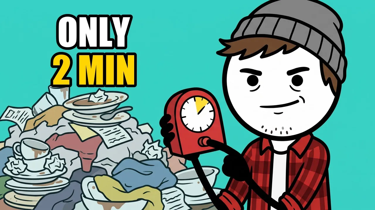 Milo holding up a two-minute timer next to a pile of dishes, laundry and papers, under the words Only 2 Min.