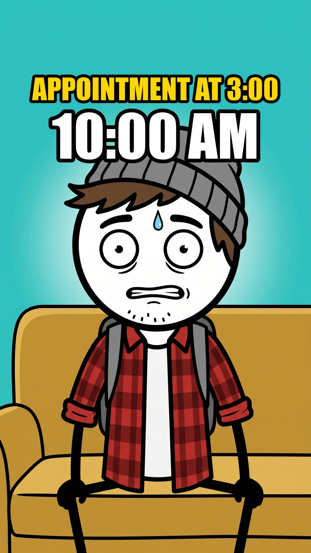 Milo sitting stiffly on a couch with his backpack on. The appointment is at 3:00 and the clock says 10:00 AM.