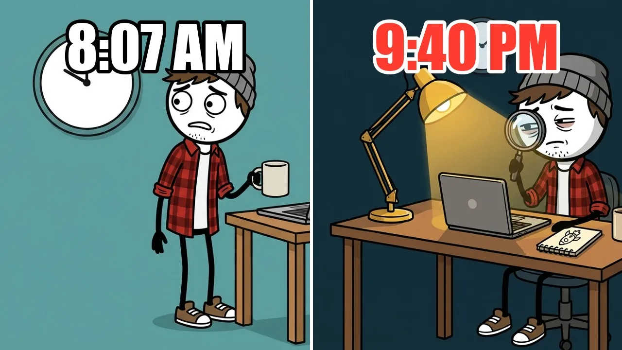 Split picture of Milo. On the left, at 8:07 AM, he looks at the clock before starting his pitch deck. On the right, at 9:40 PM, he is still checking the unsent email.