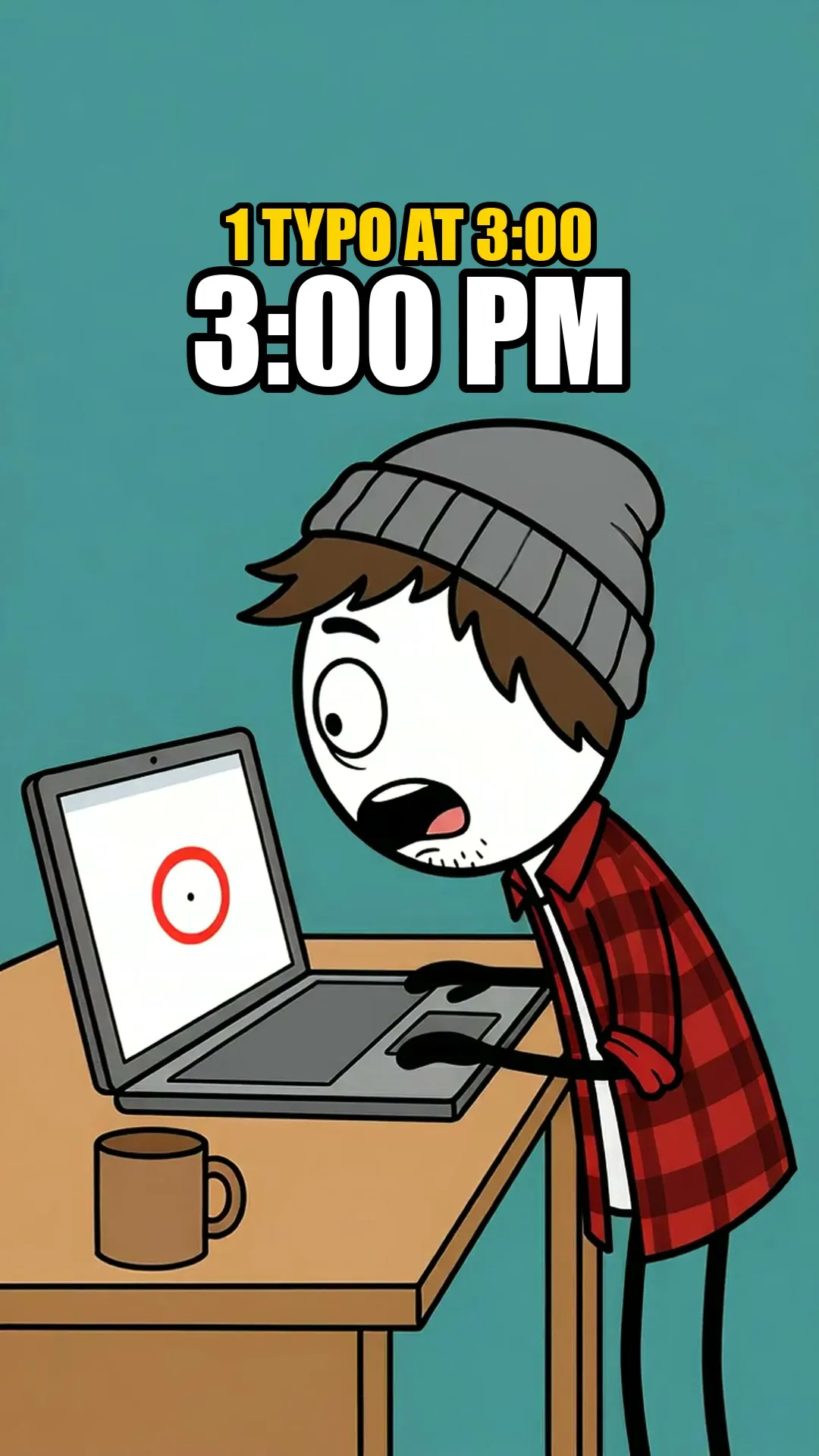 Milo staring at a typo circled in red on slide nine of his pitch deck. One typo at 3:00, and it is 3:00 PM.